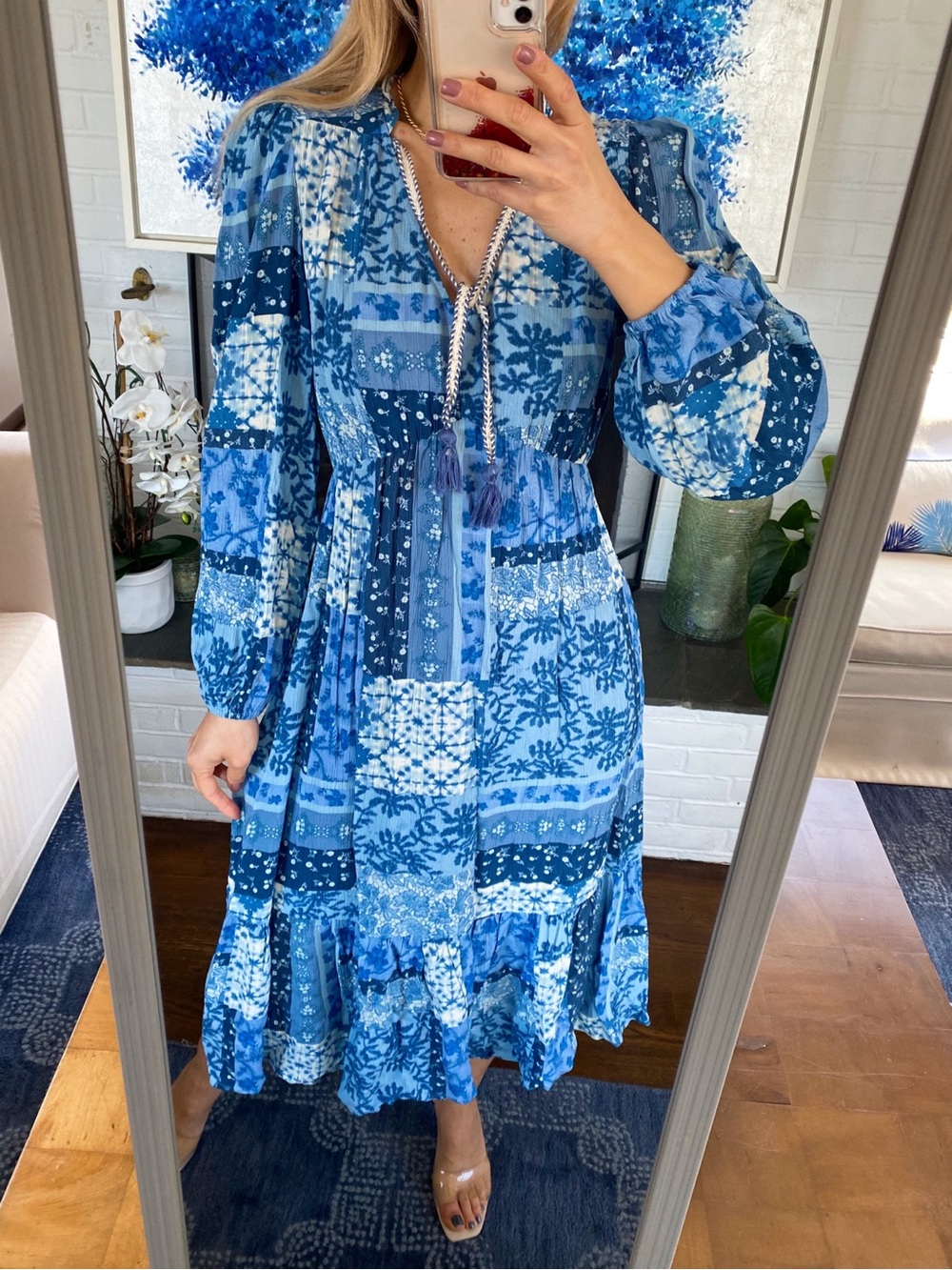 FRYE Blue Patchwork Midi Dress with Tassel Tie! 💙